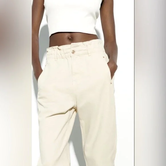 Zara White Paperbag Waist Trousers Jeans Size 10 - Picture 3 of 12